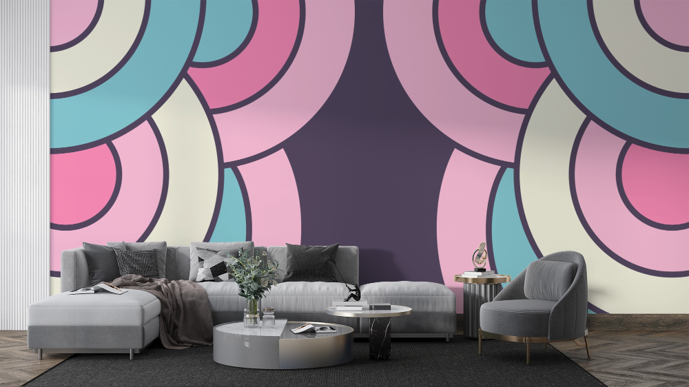 Papier peint rétro - arcs de cercle rose et mauve