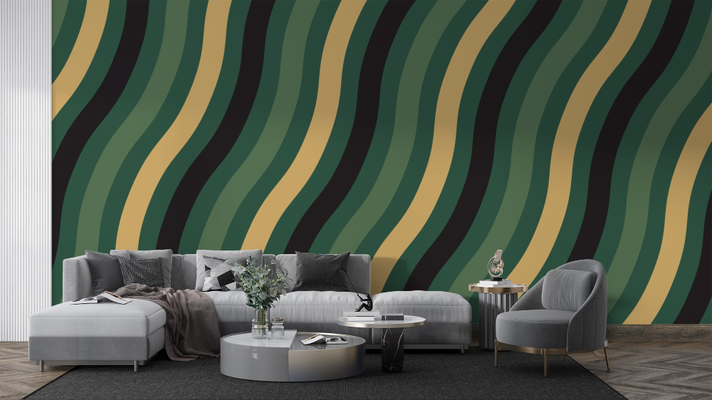 Papier peint rétro - vagues géométriques vert forêt