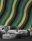 Papier peint rétro - vagues géométriques vert forêt