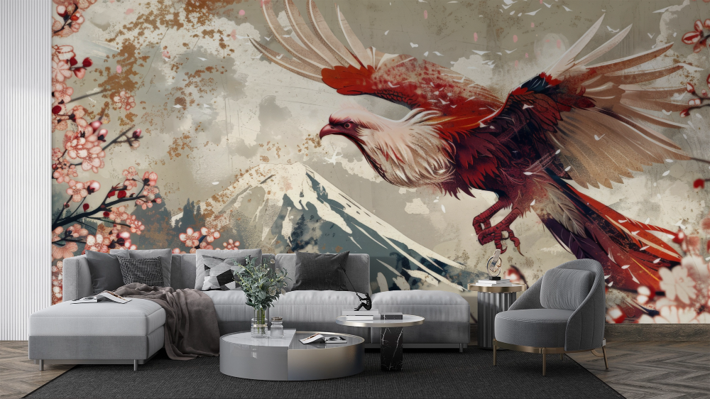 Papier peint animaux - aigle rouge volant au-dessus des montagnes embrumées