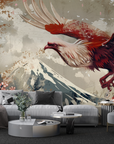 Papier peint animaux - aigle rouge volant au-dessus des montagnes embrumées