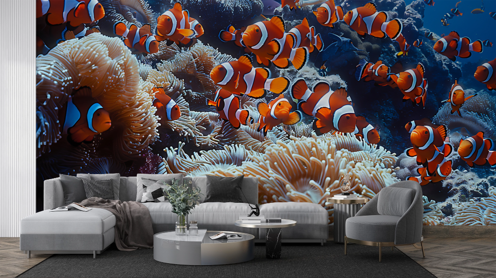 Papier peint animaux - banc de poissons-clowns dans les coraux