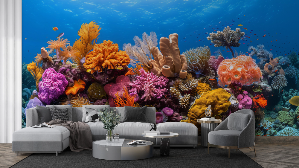 Papier peint nature - récif de corail et fonds marins azur