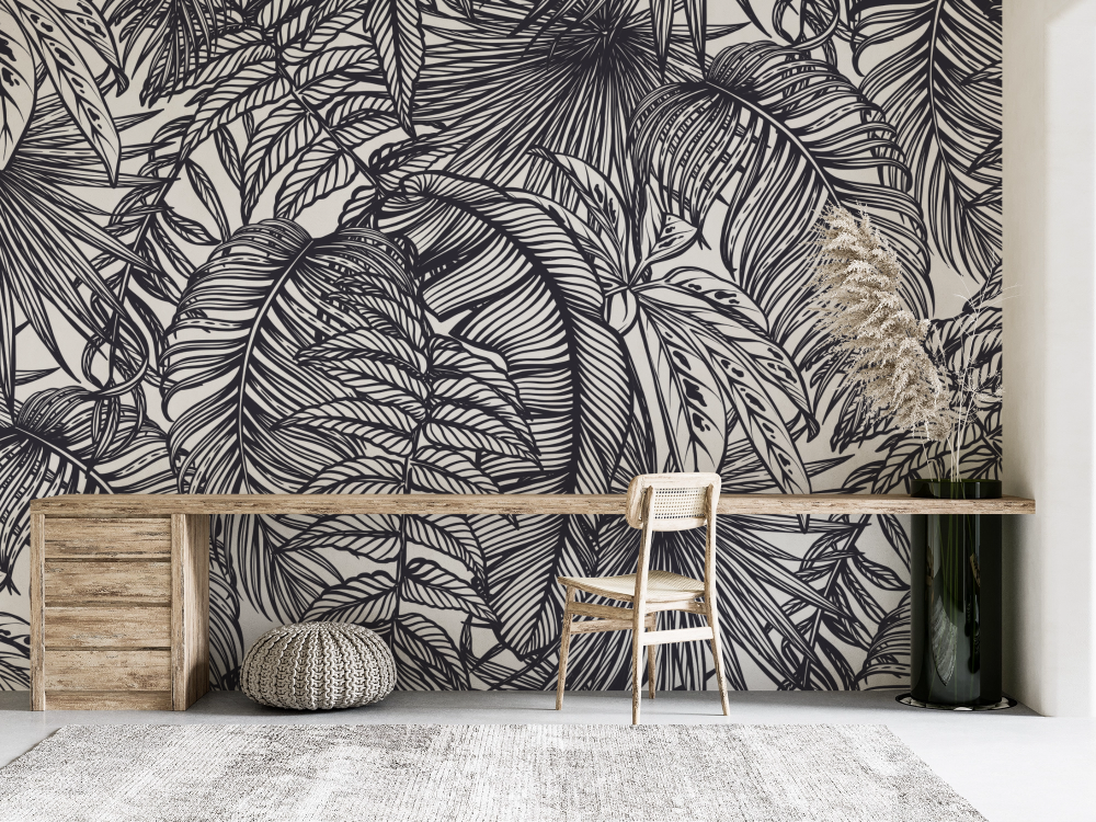Papier peint nature - croquis de feuilles tropicales