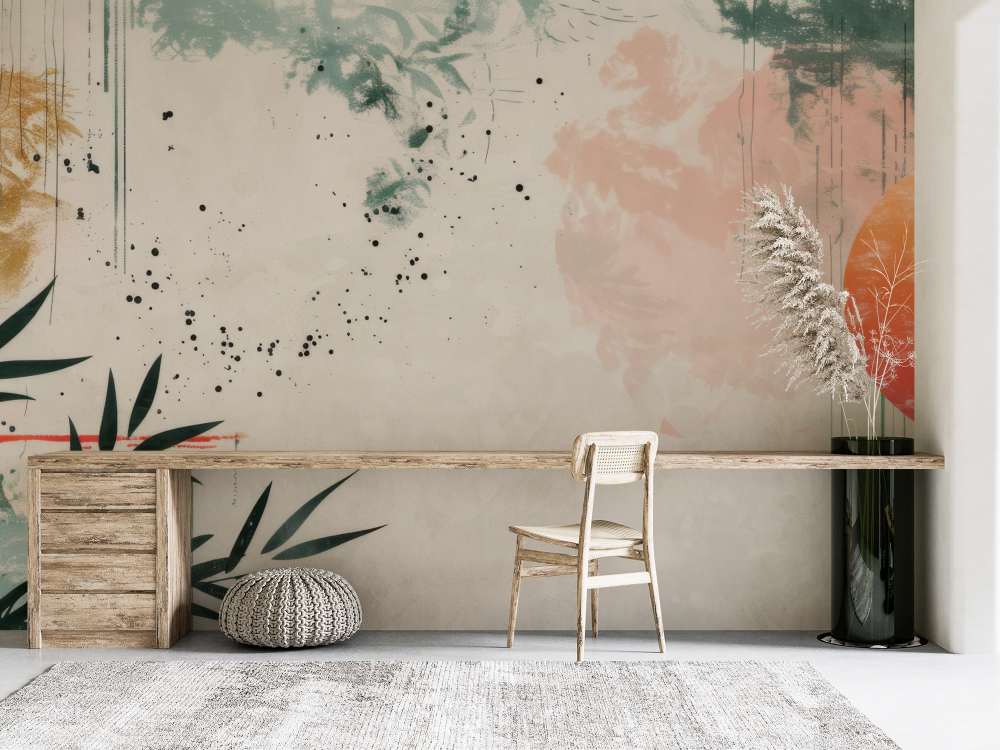 Papier peint nature - soleil rouge et bambous style estampe asiatique