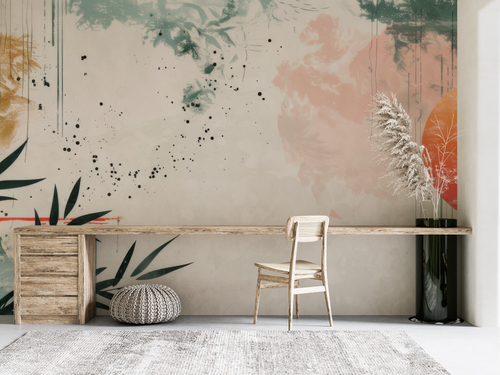 Papier peint nature - soleil rouge et bambous style estampe asiatique