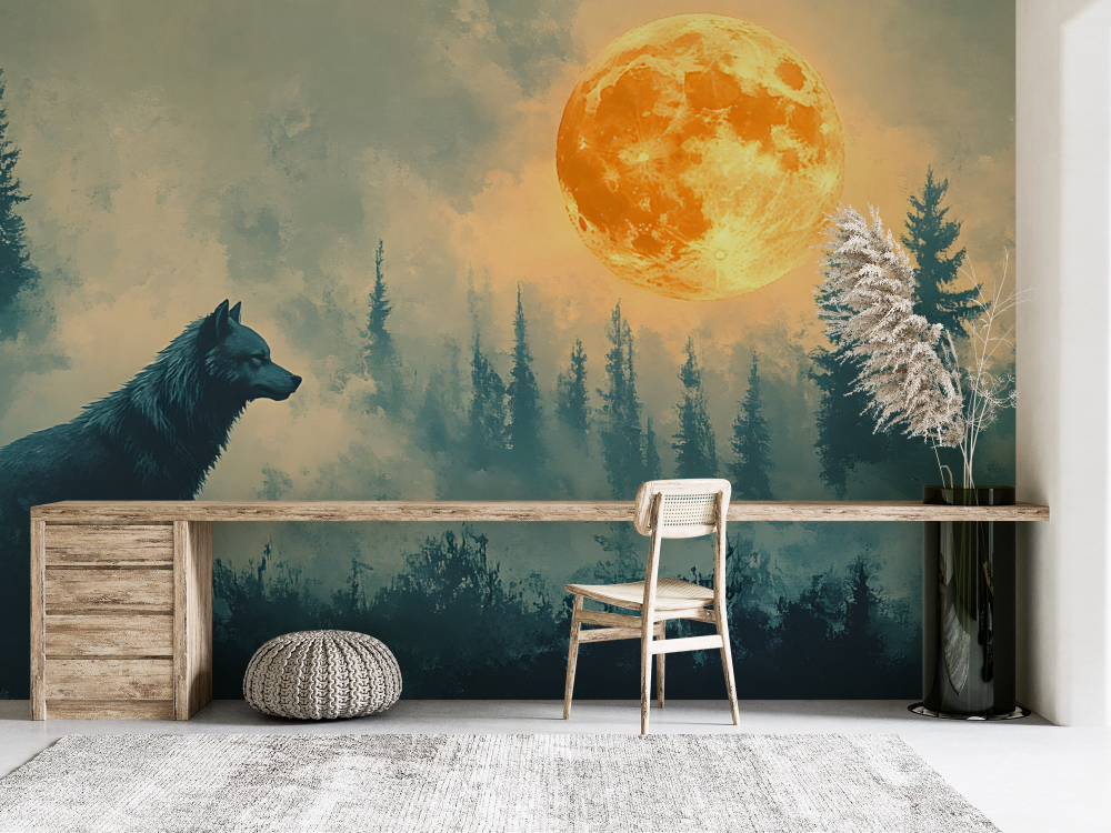 Papier peint animaux - loup hurlant à la lune rousse