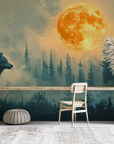 Papier peint animaux - loup hurlant à la lune rousse