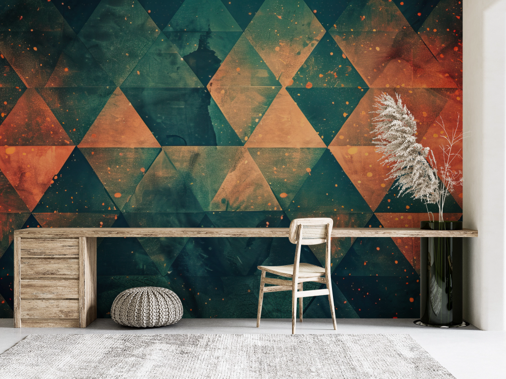 Papier peint géométrique - triangles imbriqués orange et vert sombre