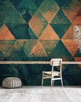 Papier peint géométrique - triangles imbriqués orange et vert sombre