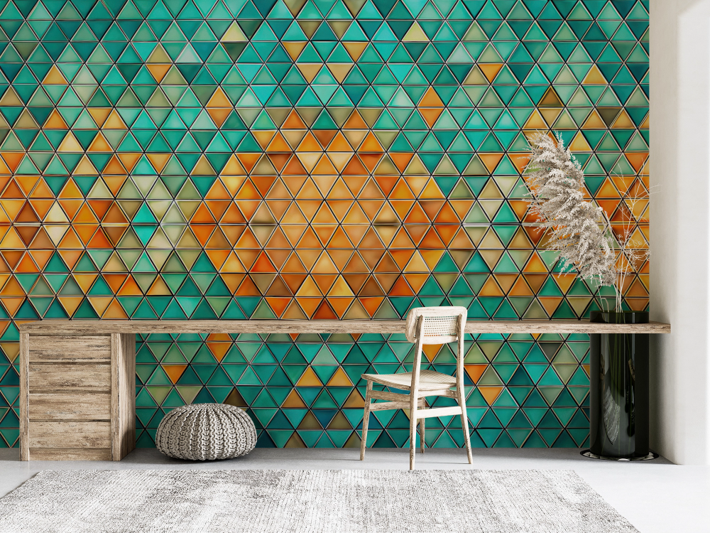 Papier peint géométrique - mosaïque de pyramides turquoise et orange