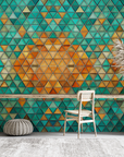 Papier peint géométrique - mosaïque de pyramides turquoise et orange