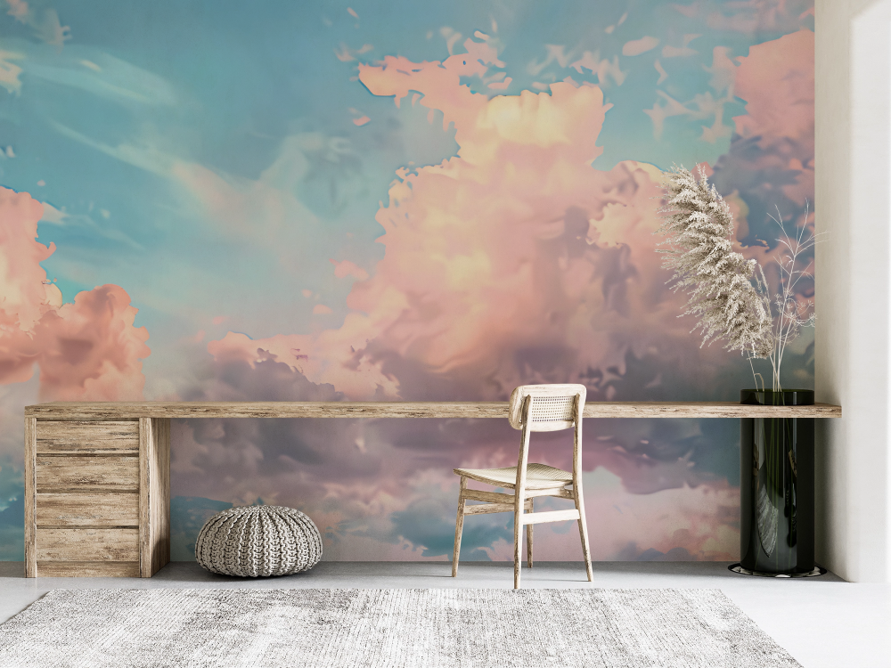 Papier peint nature - ciel nuageux aux reflets roses
