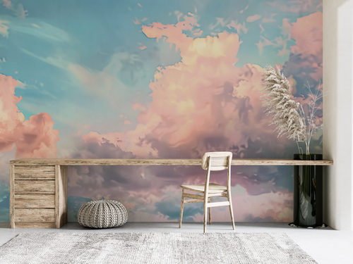 Papier peint nature - ciel nuageux aux reflets roses