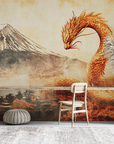 Papier peint animaux - dragon doré volant près du mont fuji