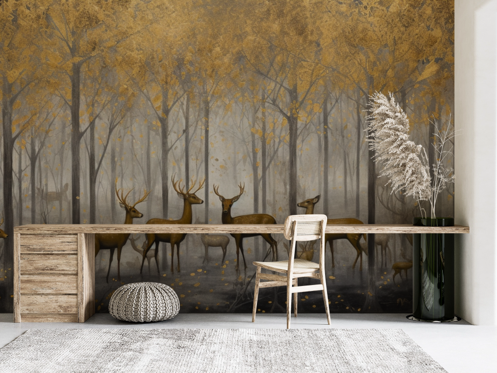 Papier peint animaux - harde de cerfs dans la forêt d'automne