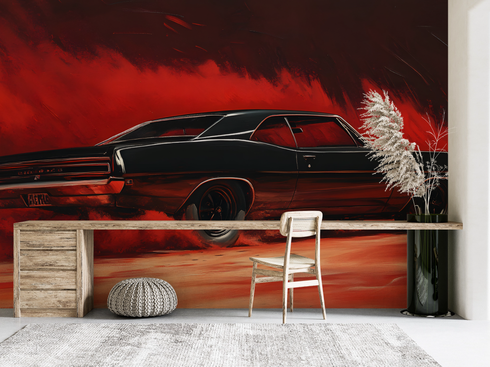 Papier peint voitures - coupé sport noir sur fond rouge abstrait