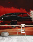 Papier peint voitures - coupé sport noir sur fond rouge abstrait
