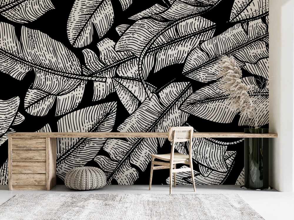 Papier peint nature - jungle exotique en noir et blanc