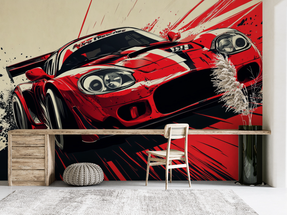 Papier peint voitures - bolide de course rouge et blanc sur piste