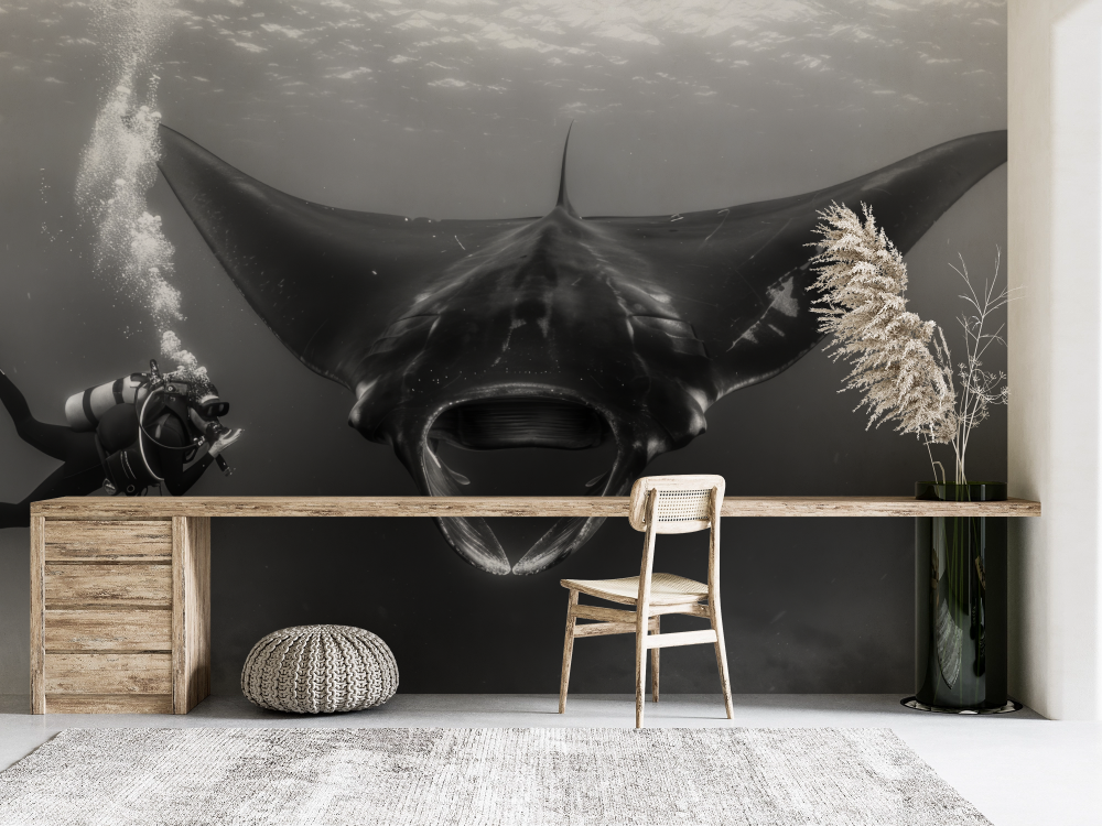 Papier peint animaux - plongeur face à une raie manta en noir et blanc