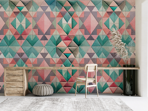 Geometrisch behang - Facetten van roze en pastel turquoise diamanten