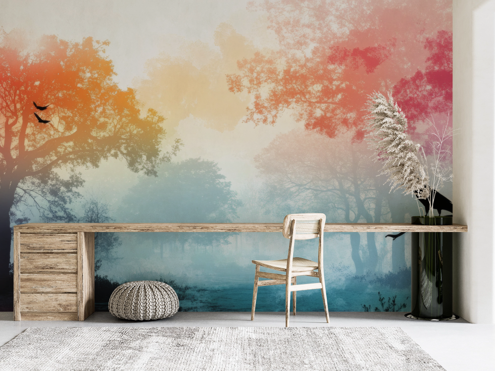 Papier peint nature - oiseaux sur une branche en automne