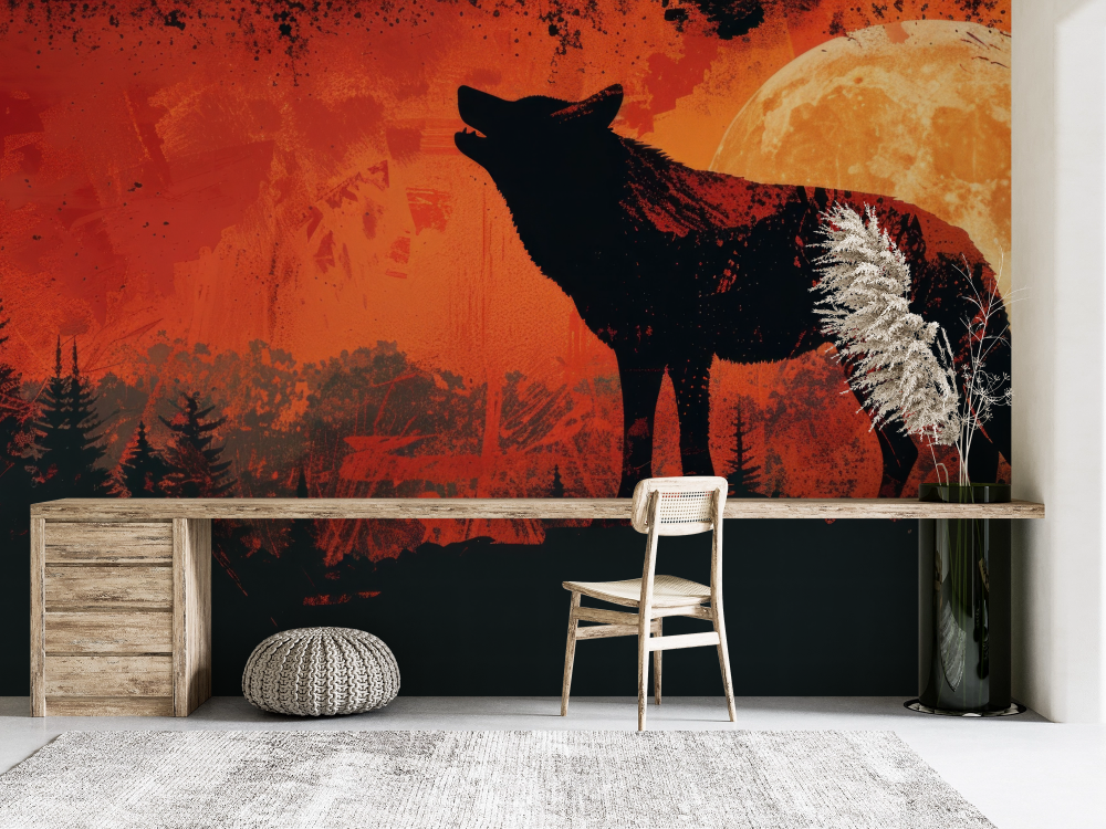 Papier peint animaux - loup noir hurlant à la lune géante