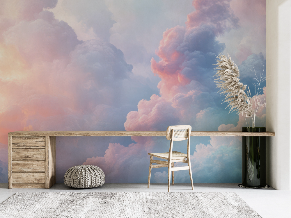 Papier peint nature - grands nuages roses et mauves