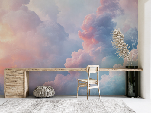Papier peint nature - grands nuages roses et mauves
