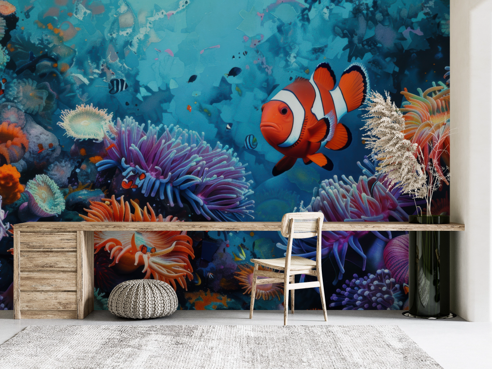 Papier peint animaux - poisson-clown au milieu d'un récif coloré