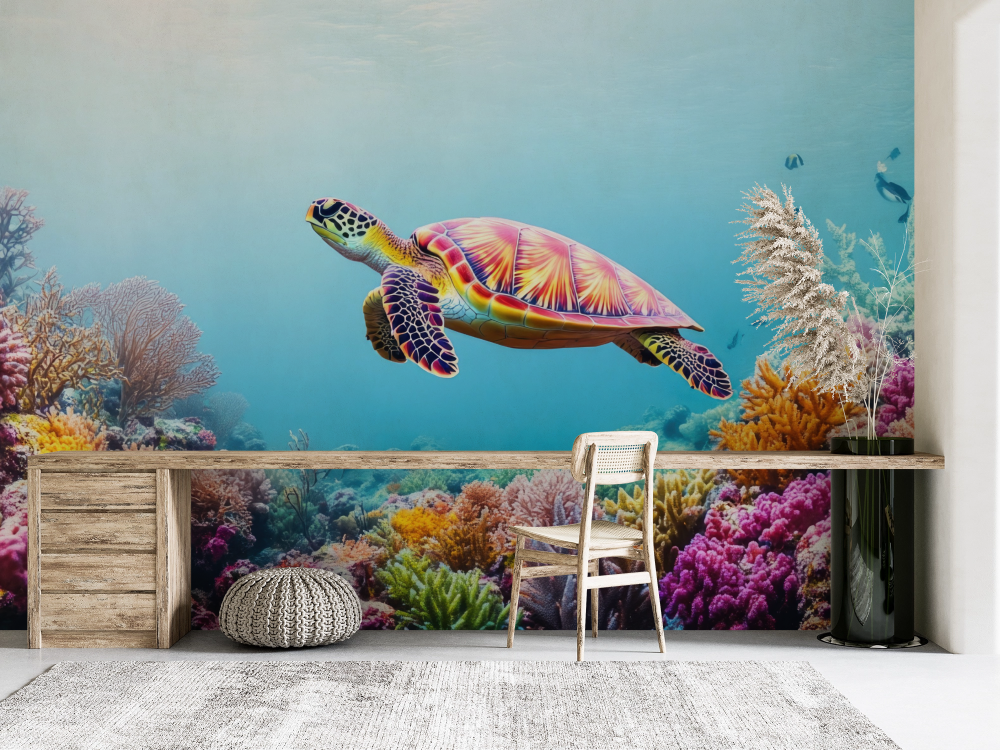 Papier peint animaux - tortue de mer glissant sur les coraux