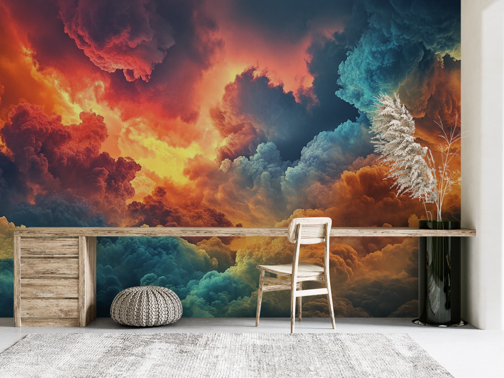 Papier peint nature - ciel d'orage aux reflets orange et bleus