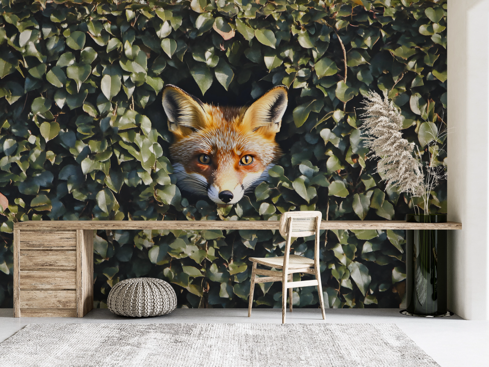 Papier peint animaux - petit renard caché dans le feuillage
