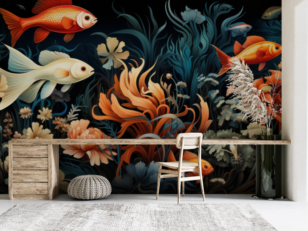 Papier peint animaux - poissons rouges et carpes koï dans les algues