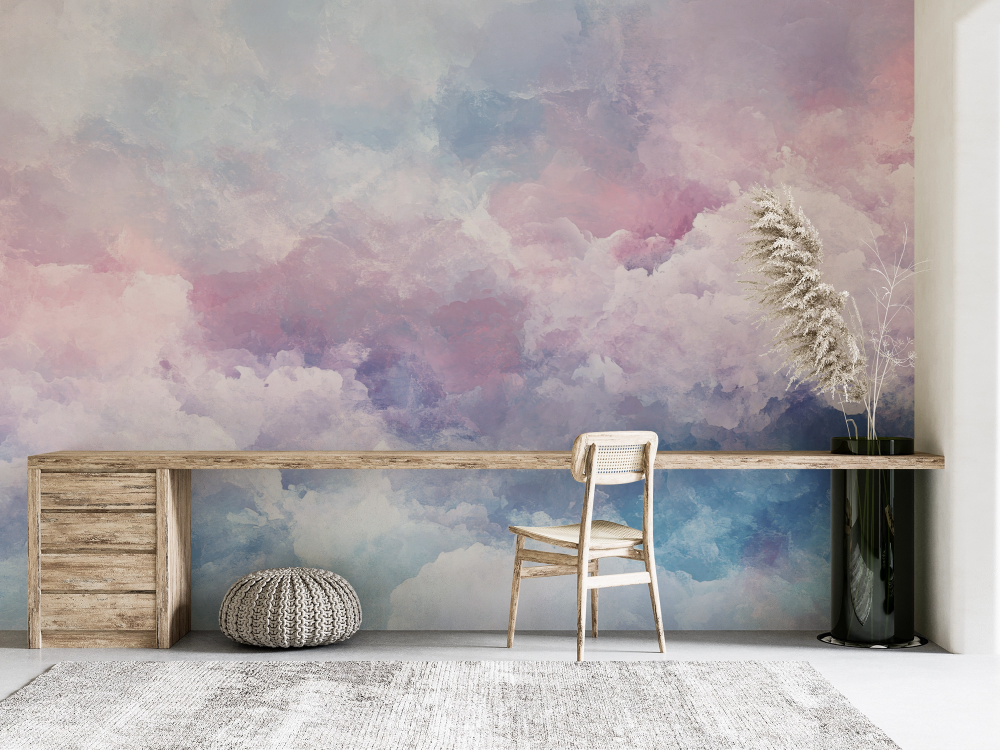 Papier peint nature - grands nuages roses et violets