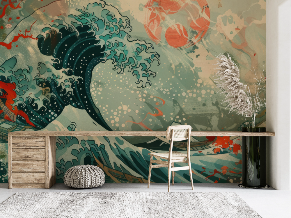 Papier peint nature - grande vague japonaise et carpe koï