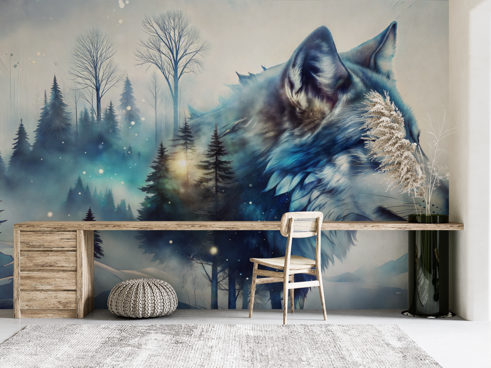 Papier peint animaux - loup mystique dans la forêt enneigée