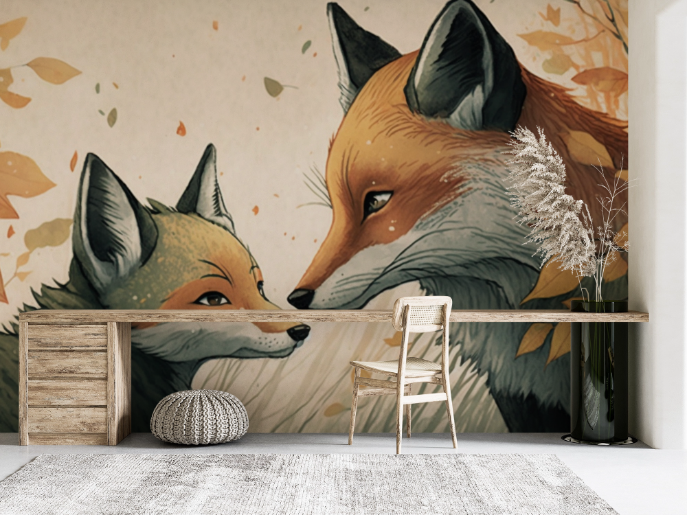 Papier peint animaux - couple de renards dans les feuilles d'automne
