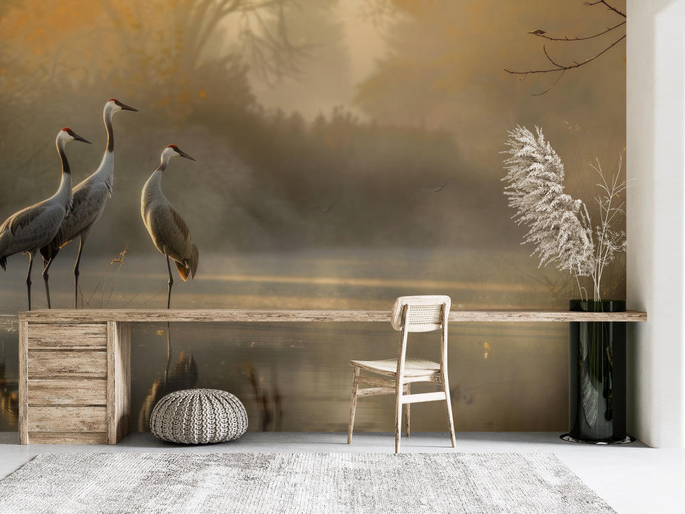 Papier peint animaux - grues cendrées au bord de l'eau