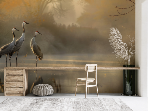 Papier peint animaux - grues cendrées au bord de l'eau