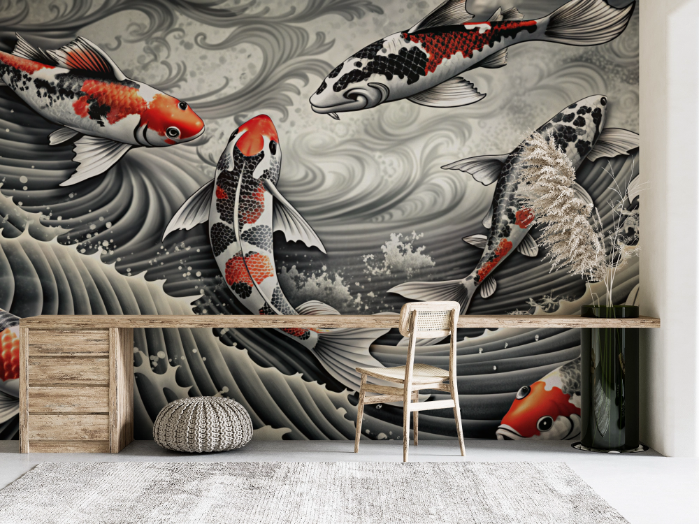 Papier peint animaux - carpes koï japonaises en noir et blanc