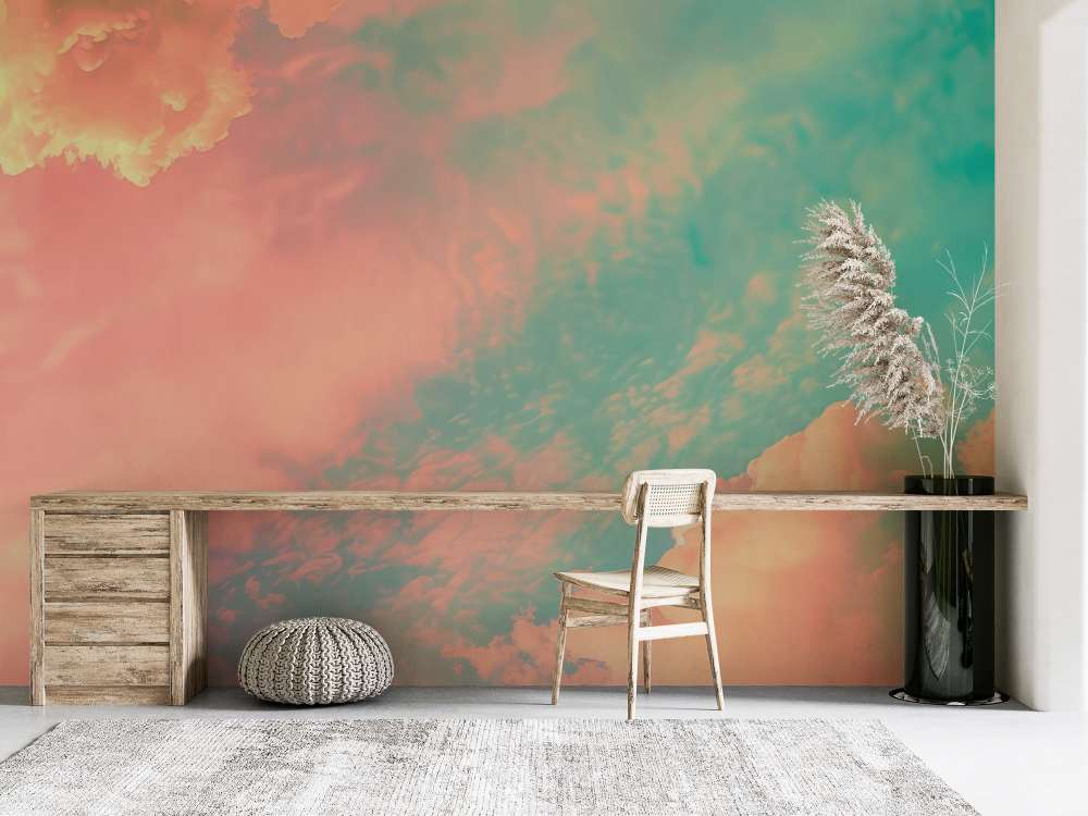 Papier peint nature - nuages vert émeraude et rose au coucher du soleil
