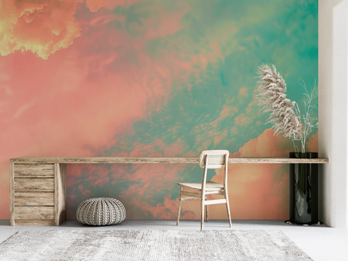 Papier peint nature - nuages vert émeraude et rose au coucher du soleil