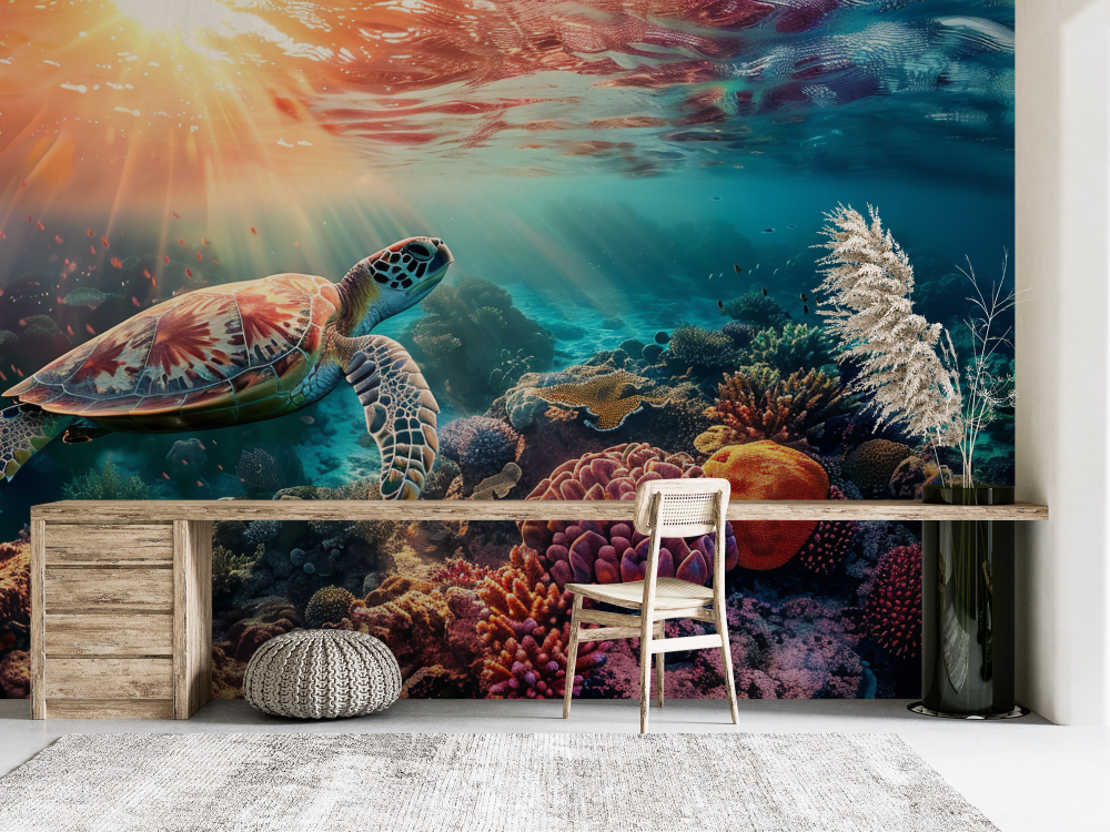 Papier peint animaux - tortue marine survolant le récif corallien