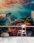 Papier peint animaux - tortue marine survolant le récif corallien