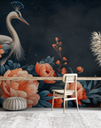Papier peint animaux - paons bleus parmi les pivoines orange