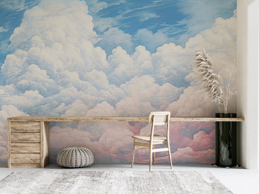 Papier peint nature - grands nuages blancs dans le ciel bleu