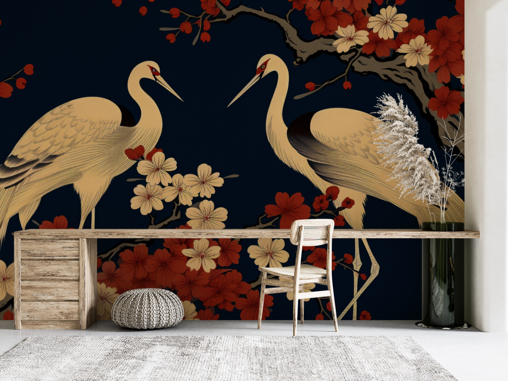 Papier peint animaux - couple de hérons et fleurs de cerisier