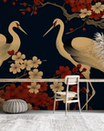 Papier peint animaux - couple de hérons et fleurs de cerisier